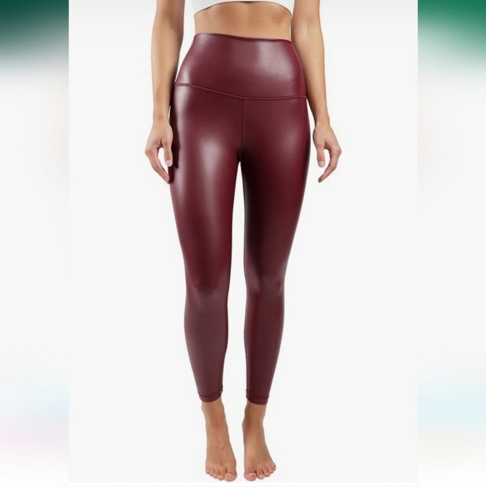 90 Degree Reflex Leather Leggings High Waist Shine Lined Uptown Red Dark Cherry